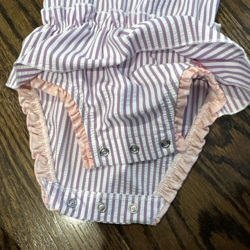 EUC Girls RuffleButts Bathing‎ Suit Purple Stripe With Pink Bow Sz 12-18 Months